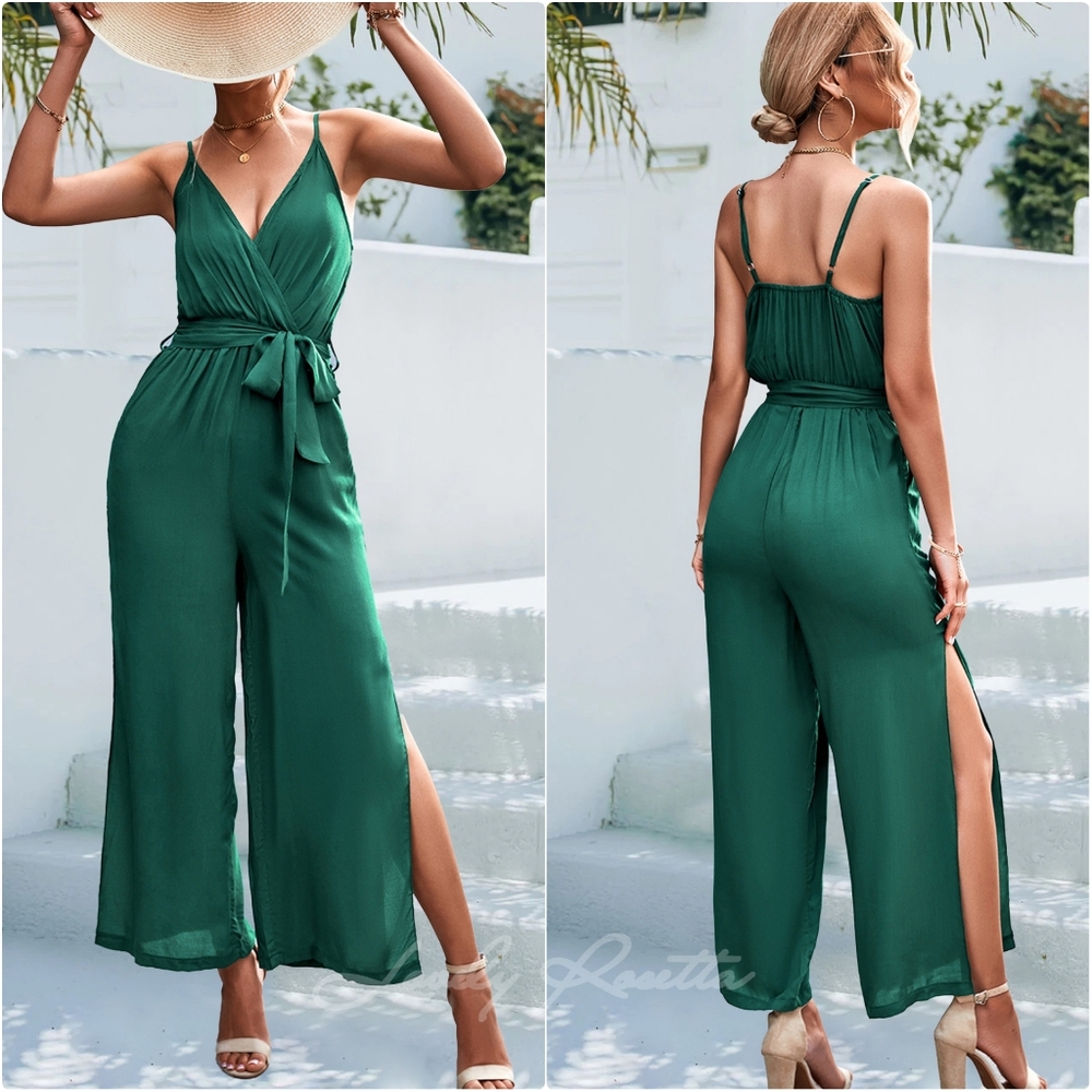Stylish Slit Jumpsuit with Spaghetti Straps and Tie Belt